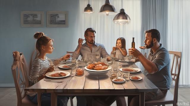 Family, sitting at the dinner table, modern, realistic