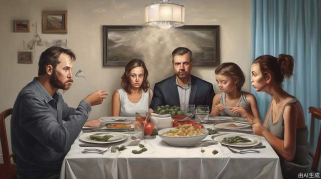 Family, sitting at the dinner table, modern, realistic
