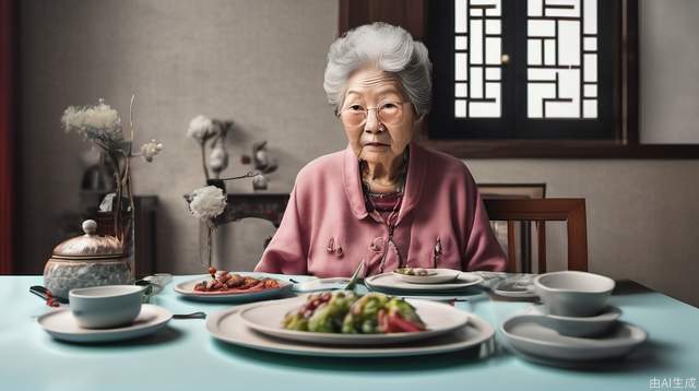 Grandma, dining table, modern, single, Chinese, close-up
