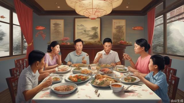 Family, sitting at the dinner table, modern, realistic, Chinese