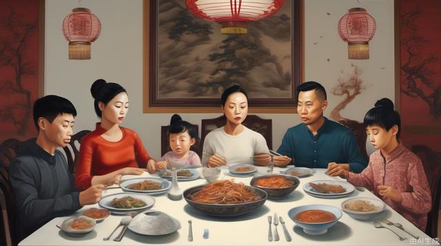 Family, sitting at the dinner table, modern, realistic, Chinese