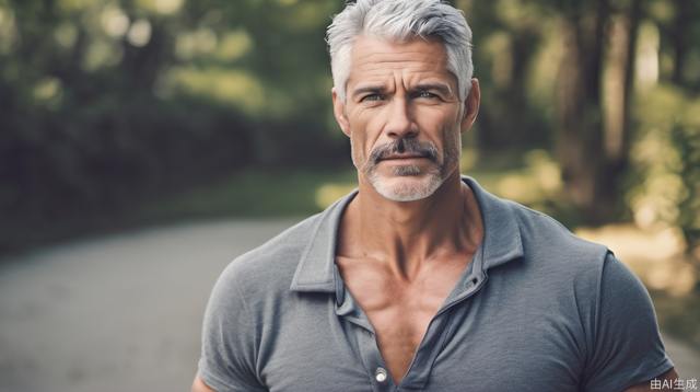 Middle-aged, gray-haired, muscular, male