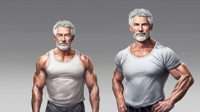 Middle-aged, gray-haired, muscular, male