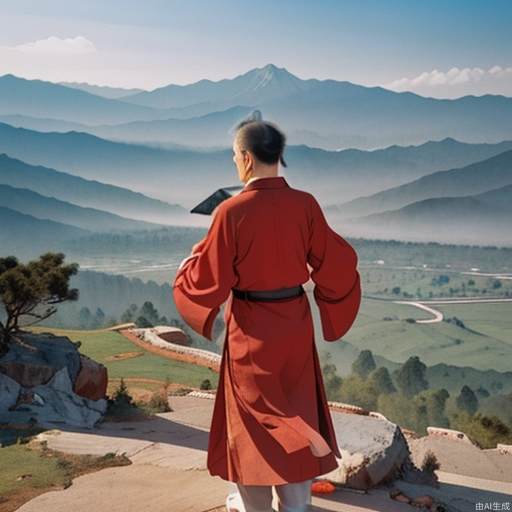 A Chinese ancient male poet, with his back facing, his hands crossed behind, and in the distance there are layers of mountains, high quality