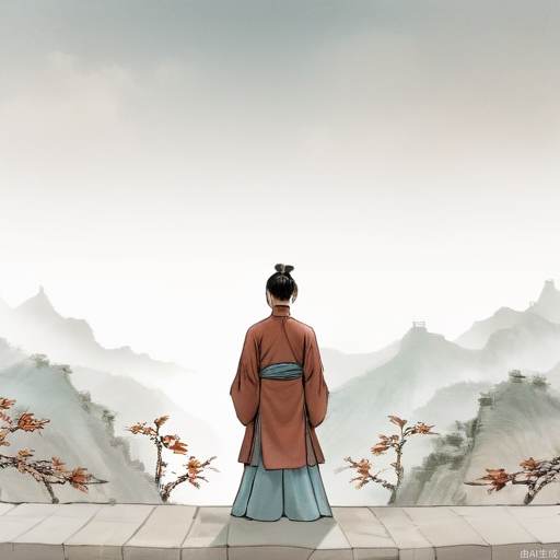 A male poet from ancient China, full-body shot, standing with his back to the camera, hands crossed behind his back, with layered mountains in the distance. This photo is in high definition.