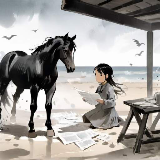 At the seaside, there is a stable, a table, a horse, scattered flying papers, and a frightened girl.