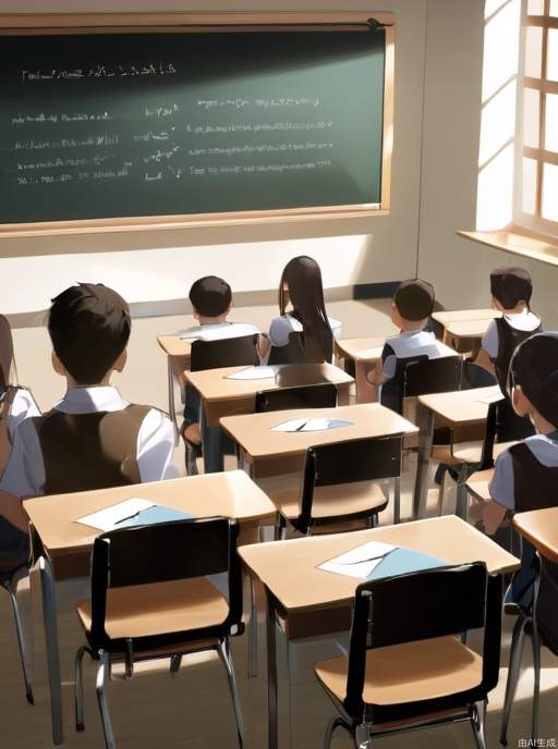 A classroom, with a blackboard and chairs, teachers and students, the picture can see the blackboard and the teacher's face, and the students are sitting below