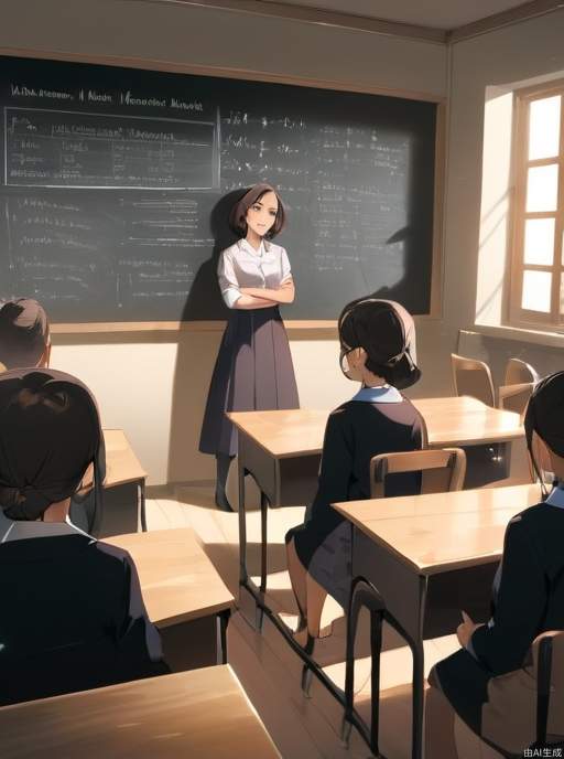 A classroom, with a blackboard and chairs, a woman teachers，students, the picture can see the blackboard and the teacher's face, and the students are sitting below