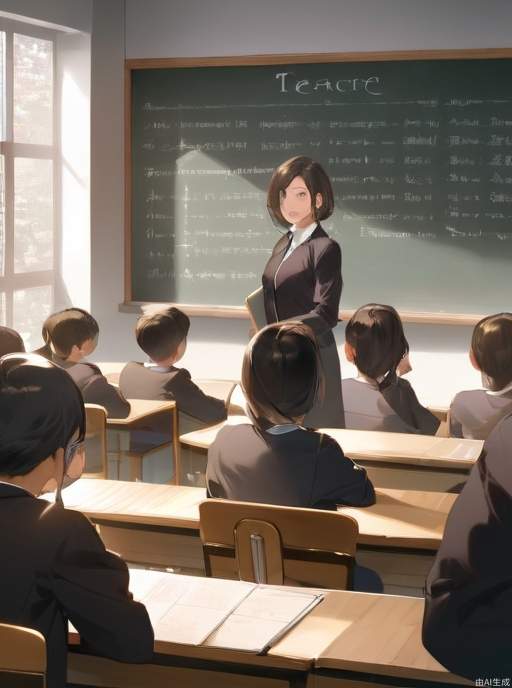 A classroom, with a blackboard and chairs, a woman teachers，students, the picture can see the blackboard and the teacher's face, and the students are sitting below