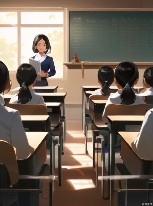 A classroom, with a blackboard and chairs, an ASIANwoman teachers，students, the picture can see the blackboard and the teacher's face, and the students are sitting below