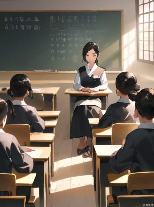 A classroom, with a blackboard and chairs, an ASIANwoman teachers，students, the picture can see the blackboard and the teacher's face, and the students are sitting below