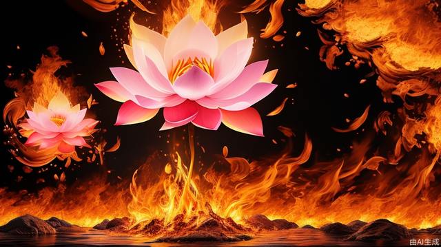 A lotus blooms in the background of flames, commercial effects, visual impact