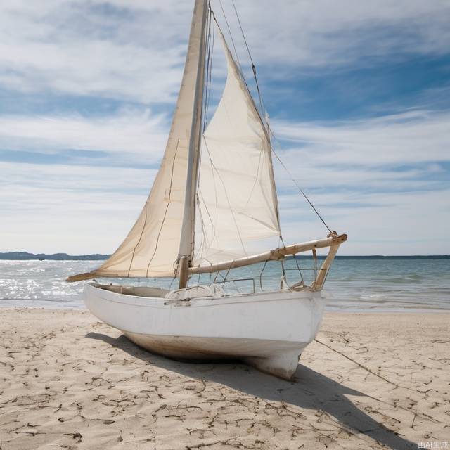 White sailboat building on the beach