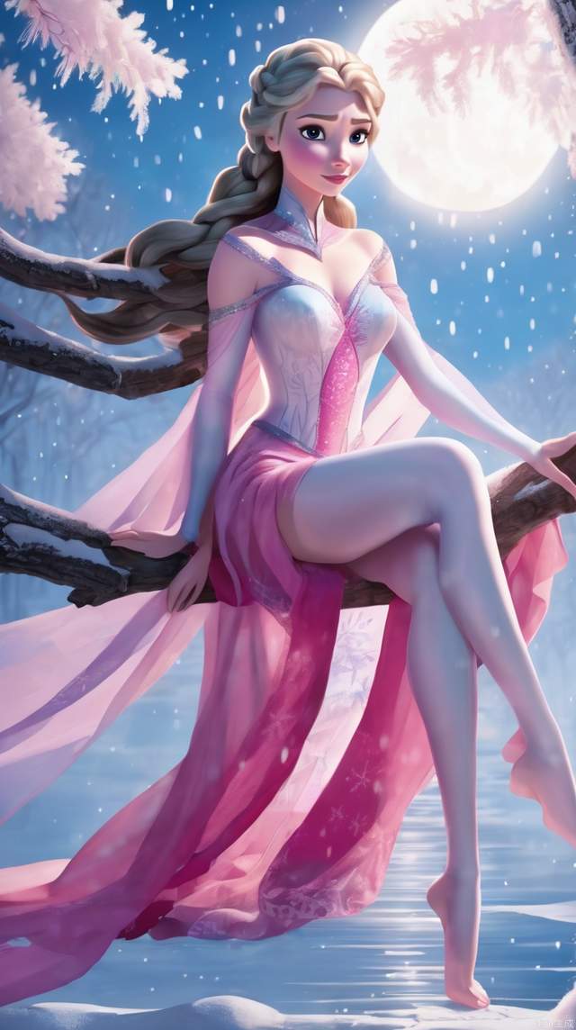 Snow princess Elsa sits on a tree in the moonlight, her graceful figure