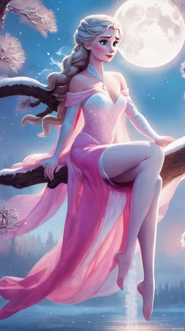 Snow princess Elsa sits on a tree in the moonlight, her graceful figure