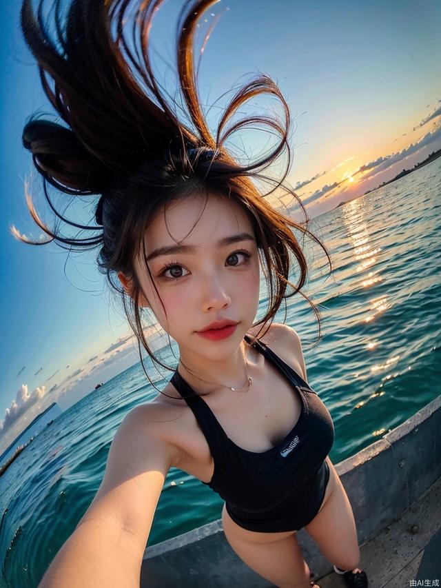 1girl, fisheye, selfie, sea, wind, messy hair, sunset, beach, (aesthetics and atmosphere:1.2),