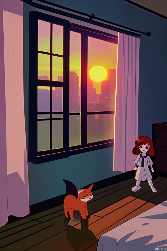 Fresh animation effect, a window, open the curtains to see the sunset outside the window, there are many toys in the girl's room, there are proud fox dolls, there are cute kitten dolls, one of which is a puppy toy