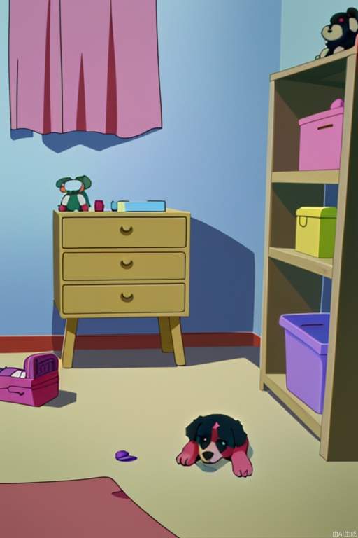 Fresh anime effect, there are many toys in the girl's room in the morning, one of which is a puppy toy