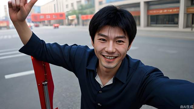 Chinese Male courier smiles for the camera, medium shot, eye level