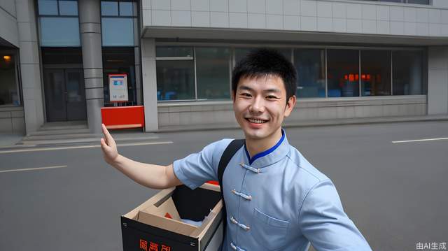 Chinese Male courier smiles for the camera, medium shot,