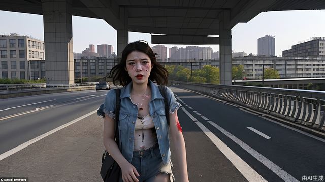 A girl, in tattered clothes, stood on the overpass of an old street, looking into the distance. In the distance, there were high-rise buildings, feasting and feasting, forming a sharp contrast，