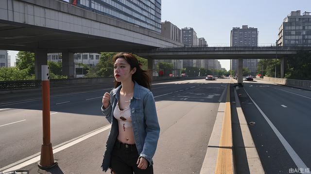 A girl, in tattered clothes, stood on the overpass of an old street, looking into the distance. In the distance, there were high-rise buildings, feasting and feasting, forming a sharp contrast，