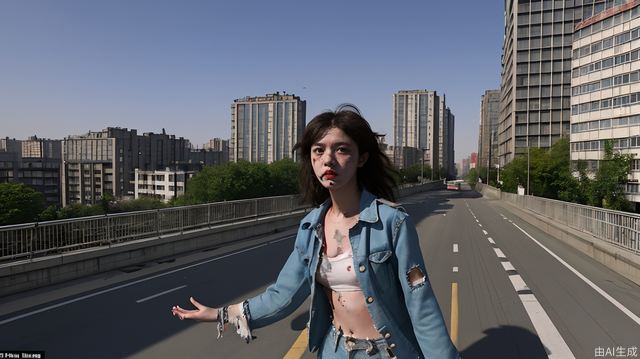 A girl, in tattered clothes, stood on the overpass of an old street, looking into the distance. In the distance, there were high-rise buildings, feasting and feasting, forming a sharp contrast，