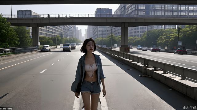 A girl, in tattered clothes, stood on the overpass of an old street, looking into the distance. In the distance, there were high-rise buildings, feasting and feasting, forming a sharp contrast，