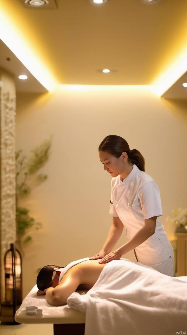 SPA room, yellow light atmosphere, white SP technician clothes, female technician, massage back, a person is massaged on the bed, the lens focuses on the technique, close-up, head-up