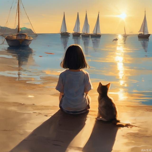 A seven-year-old girl, with an oriental face, sat on the beach with her back to the camera, looking at the sea. On her left and right, there were a cat and a dog squatting, also facing the sea. The sea reflected golden sunlight in the distance, and there were several sailboats on the sea