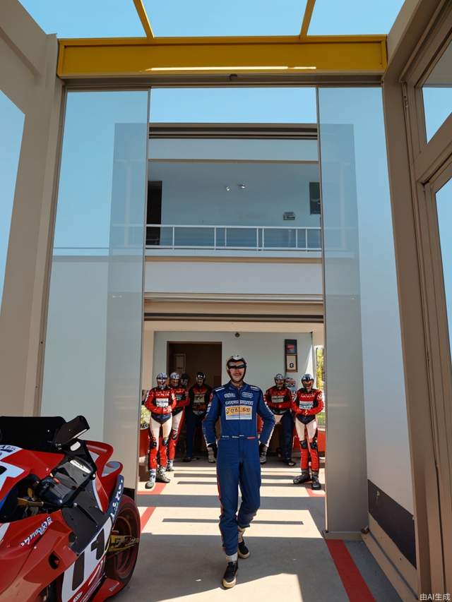 On a sunny afternoon, the racer stood in front of Room P. Behind him was the racer, the crew. Panorama.