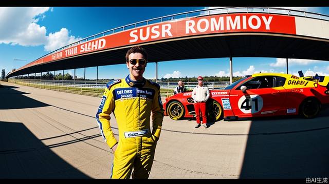 On a sunny afternoon, the racer stood in front of Room P. Behind him was the racer, the crew. Panorama. Advertising style