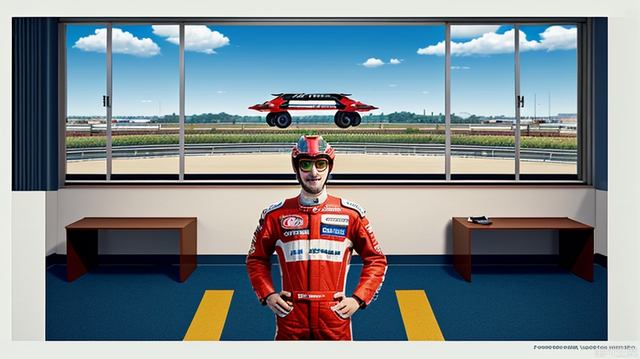 On a sunny afternoon, the racer stood in front of Room P. Behind him was the racer, the crew. Panorama. Advertising style