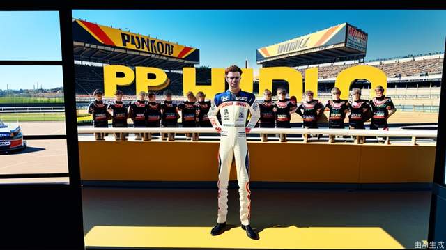 On a sunny afternoon, the racer stood in front of Room P. Behind him was the racer, the crew. Panorama. Advertising style