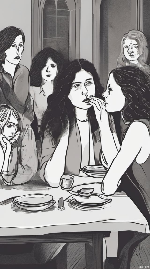 sad-looking women sitting in front of the table , gorup of people look suspecious are whispering behind her