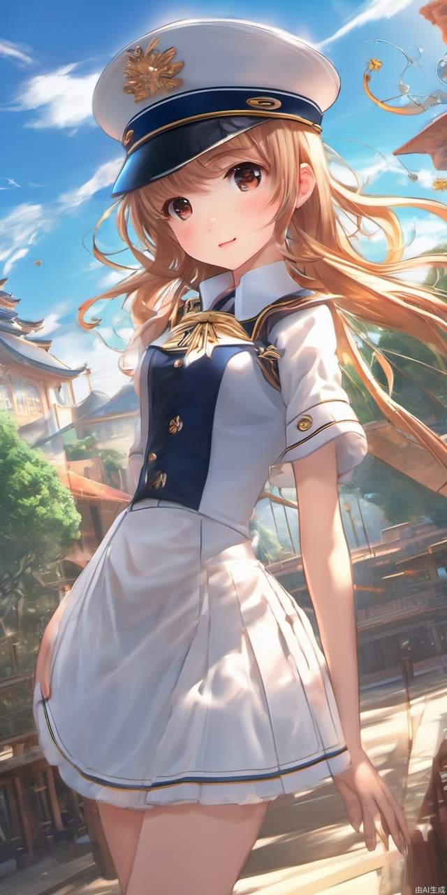 Official Art, Uniform 8k Wallpaper, Ultra Detailed, Best Quality, Natural Light, (Masterpiece: 1.2), 1 Girl, Sky, Cleavage Dress, Beret, hands_on_hips, Ultra Fine, Epic Scene, Panorama, Illusion Engine 5 Render, Dreamy Style, (Masterpiece), (Best Quality), Masterpiece, Best Quality, Masterpiece, Best Quality, Official Art, Extremely Detailed CG Uniform 8k Wallpaper, Wallpaper, Original,