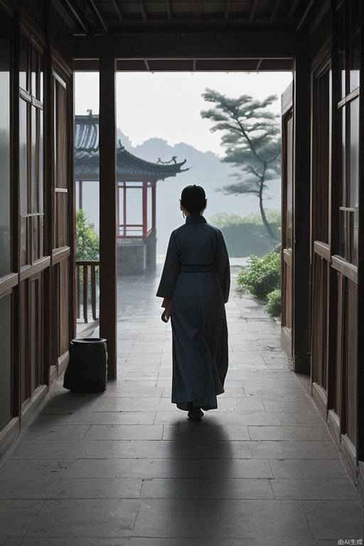 A classical Chinese woman walks slowly into the courtyard, listening to the sound of the evening breeze