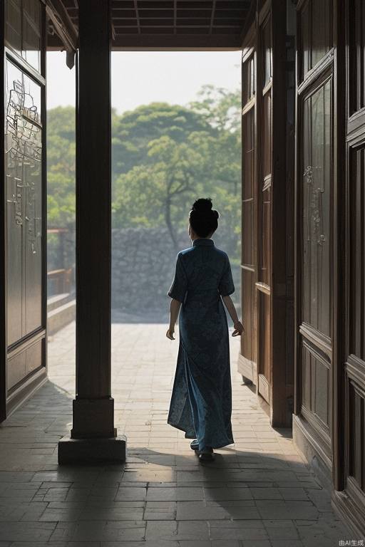 A classical Chinese woman walks slowly into the courtyard, listening to the sound of the evening breeze