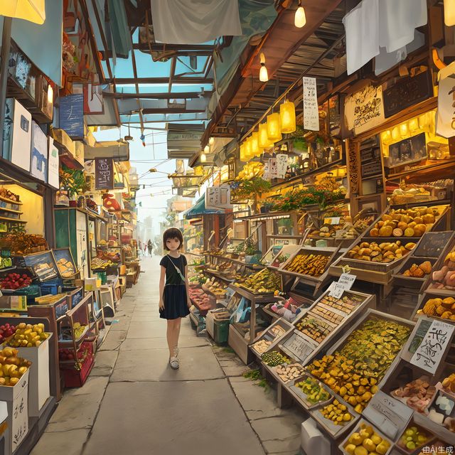 alien artist's rich colors,vibrant colors,market,in the style of small street, a small girl is standing near a roadside booths,table goods,fruits,delicate flora depictions,in the style of bright color
palette,magical girl,cute and dreamy,citrine citron,light cerulean,softly luminous,shiny/glossy,ue5,urban environment, uhd image, calming,dreamy,16k --niji 5 --s 900--ar 3:4
