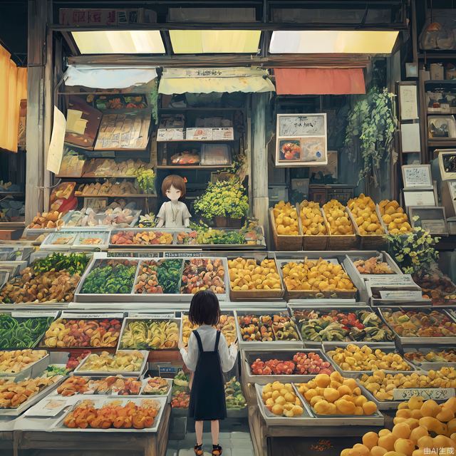 alien artist's rich colors,vibrant colors,market,in the style of small street, a small girl is standing near a roadside booths,table goods,fruits,delicate flora depictions,in the style of bright color
palette,magical girl,cute and dreamy,citrine citron,light cerulean,softly luminous,shiny/glossy,ue5,urban environment, uhd image, calming,dreamy,16k --niji 5 --s 900--ar 3:4
