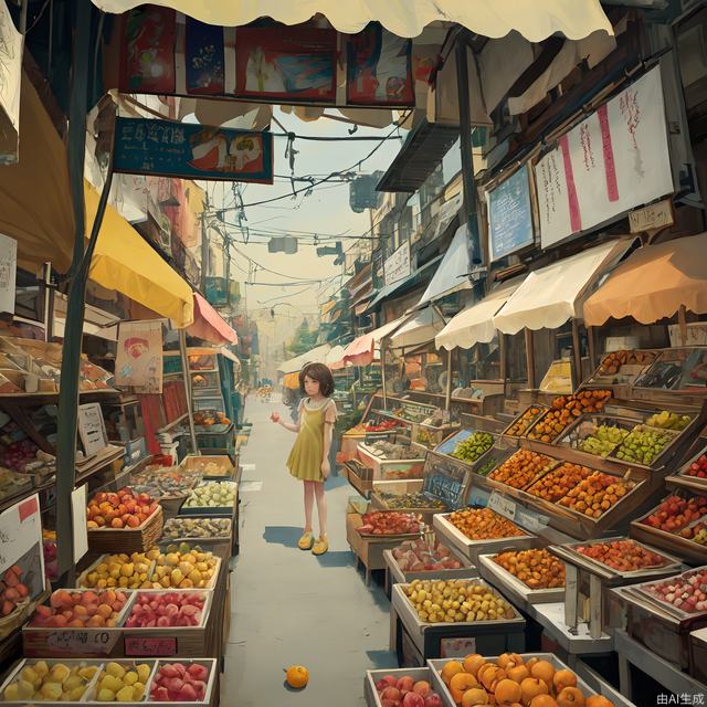 alien artist's rich colors,vibrant colors,market,in the style of small street, a small girl is standing near a roadside booths,table goods,fruits,delicate flora depictions,in the style of bright color
palette,magical girl,cute and dreamy,citrine citron,light cerulean,softly luminous,shiny/glossy,ue5,urban environment, uhd image, calming,dreamy,16k --niji 5 --s 900--ar 3:4
