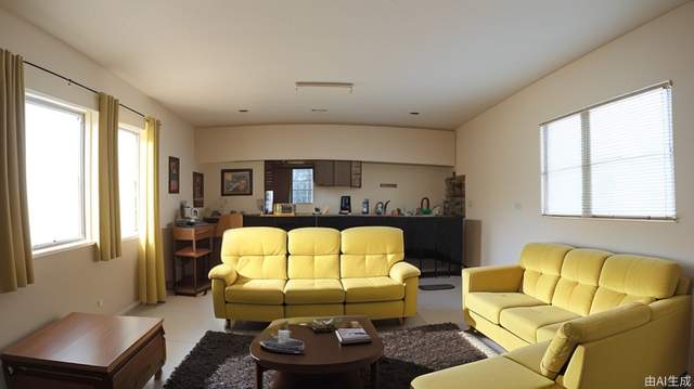 Living room, movie lighting, bright pictures, father and daughter, mother, warm colors, indoor camera perspective; wide-angle lens, Panorama, yellow sofa; green furniture，ceiling window,