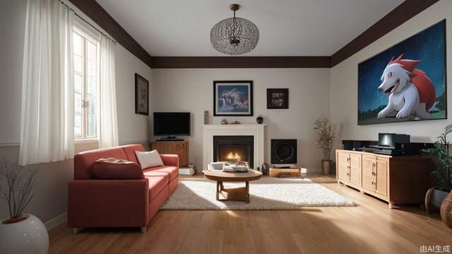 Living room, movie lighting, bright pictures, lycanroc, father and daughter, motherly, warm colors, indoor camera perspective; wide-angle lens