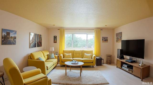 Living room, movie lighting, bright pictures, father and daughter, mother, warm colors, indoor camera perspective; wide-angle lens, Panorama, yellow sofa; green furniture，ceiling window,