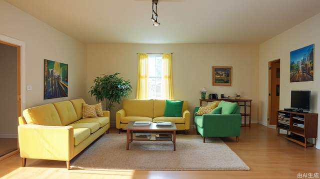 Living room, movie lighting, bright pictures, father and daughter, mother, warm colors, indoor camera perspective; wide-angle lens, Panorama, yellow sofa; green home