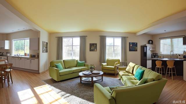 Living room, movie lighting, bright pictures, father and daughter, mother, warm colors, indoor camera perspective; wide-angle lens, Panorama, yellow sofa; green furniture，ceiling window,