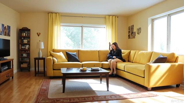 Living room, movie lighting, bright pictures, father and daughter, mother, warm colors, indoor camera perspective; wide-angle lens, Panorama, yellow sofa