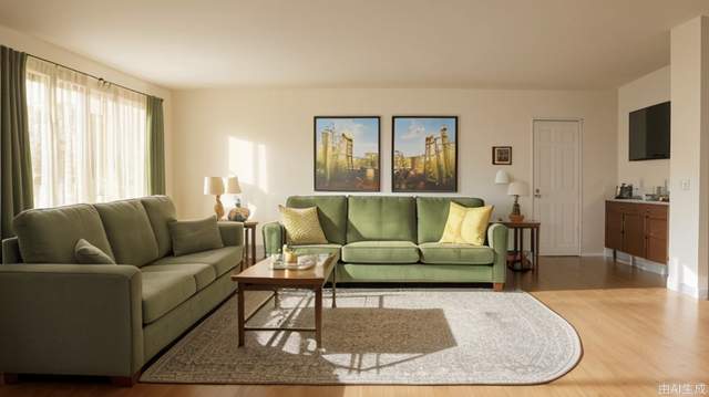 Living room, movie lighting, bright pictures, father and daughter, mother, warm colors, indoor camera perspective; wide-angle lens, Panorama, yellow sofa; olive green furniture，ceiling window,