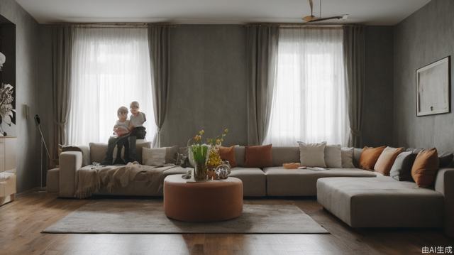 Living room, movie lighting, bright pictures, lycanroc, father and daughter, motherly, warm colors, indoor camera perspective