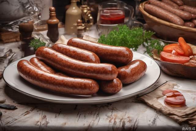 A plate of sausages, still life photography, large aperture virtual background, master works, high perspective